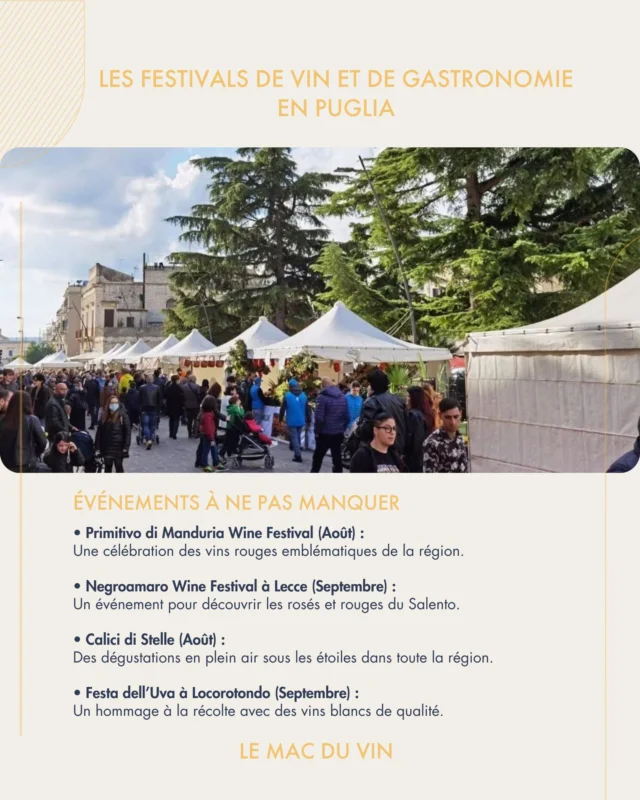 Les Festivals de Vin et de Gastronomie en Puglia

🎉 Puglia célèbre son patrimoine viticole et culinaire avec des festivals incontournables.

🍷 Événements à ne pas manquer :

✓ Primitivo di Manduria Wine Festival (Août) : Une célébration des vins rouges emblématiques de la région.
✓ Negroamaro Wine Festival à Lecce (Septembre) : Un événement pour découvrir les rosés et rouges du Salento.
✓ Calici di Stelle (Août) : Des dégustations en plein air sous les étoiles dans toute la région.
✓ Festa dell’Uva à Locorotondo (Septembre) : Un hommage à la récolte avec des vins blancs de qualité.

🍇 Quel festival de Puglia aimeriez-vous découvrir ? Partagez votre envie en commentaire !

#FestivalsDeVin #Primitivo #Negroamaro #LEMACDUVIN